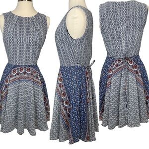 LA Soul Sleeveless Print Lined Dress w/Pockets Waist Tie Blue/Ivory/Red Size S